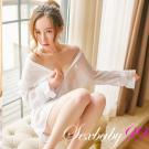 魅惑情人-性感深V透視雪紡男友衫+內褲-白色-M