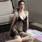 撩人心扉-性感深V蕾絲Y字背吊帶睡裙-黑色