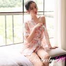 微甜氛圍-性感透視雪紡印花睡裙外罩衫-米色