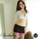 火辣金祕書-性感包臀角色扮演秘書服+內褲-白黑-M