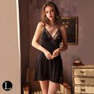 水波蕩漾-性感深V開高衩仿真絲吊帶睡裙-黑色-L