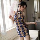 嬌花照水-性感鏤空開衩古典立領旗袍角色扮演-黃色