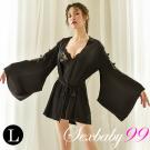 柳寵花迷 透明蕾絲袖性感睡袍-黑色-L