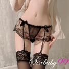 蝴蝶結蕾絲丁字褲吊襪帶-黑色